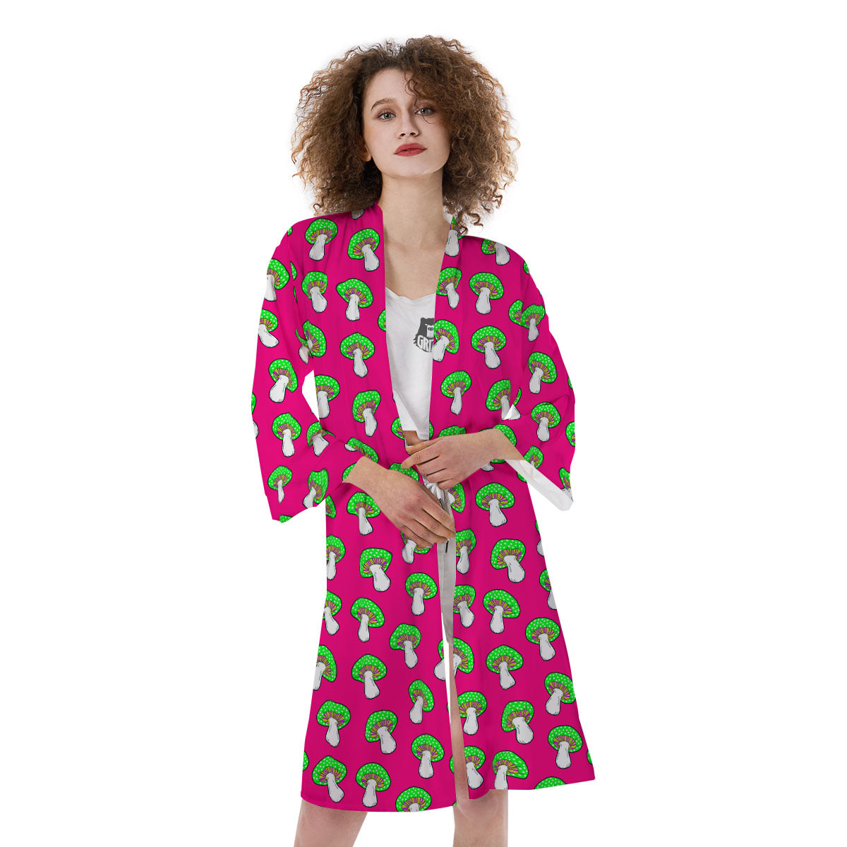 Hot Pink Crazy Mushroom Print Pattern Kimono-grizzshop