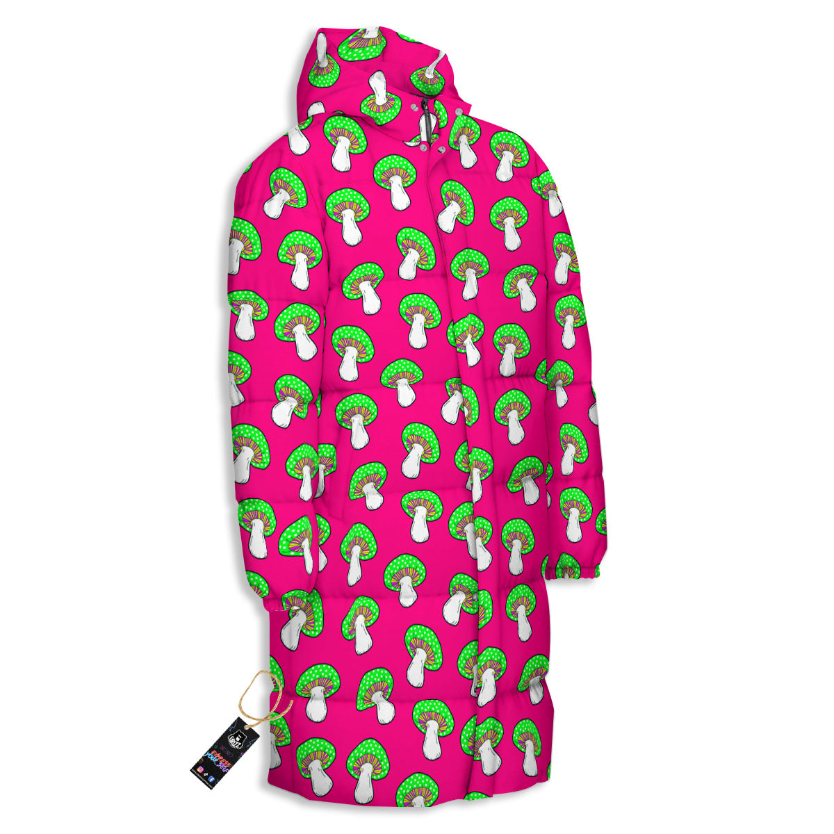 Hot Pink Crazy Mushroom Print Pattern Long Down Jacket-grizzshop