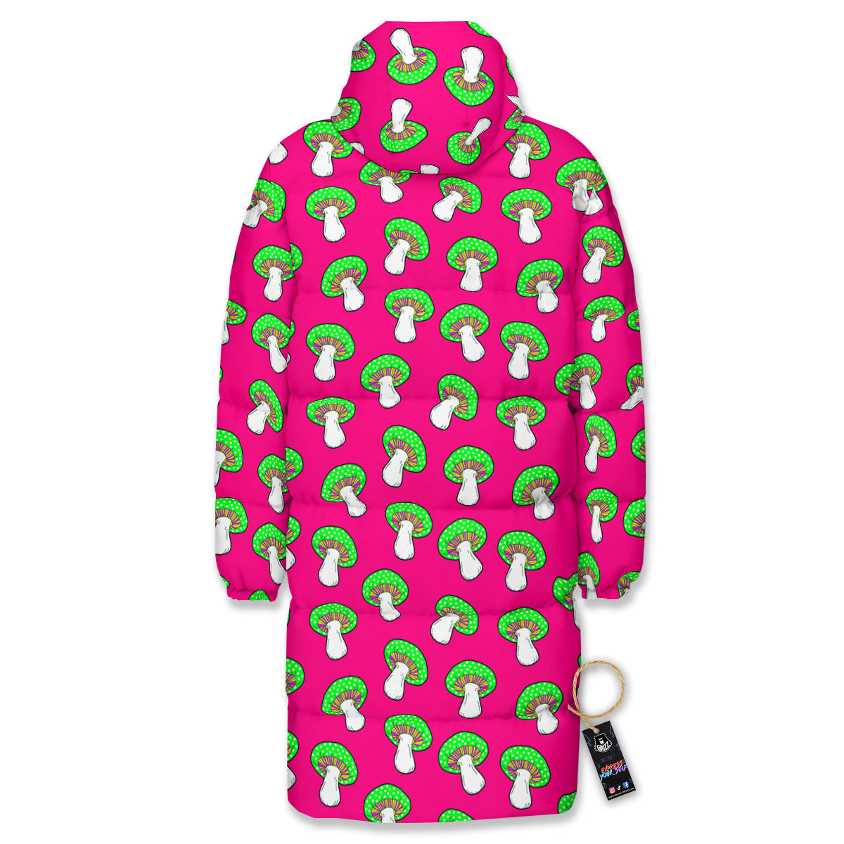 Hot Pink Crazy Mushroom Print Pattern Long Down Jacket-grizzshop