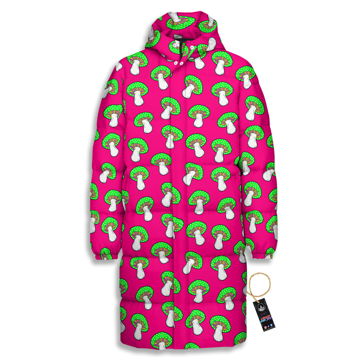 Hot Pink Crazy Mushroom Print Pattern Long Down Jacket-grizzshop