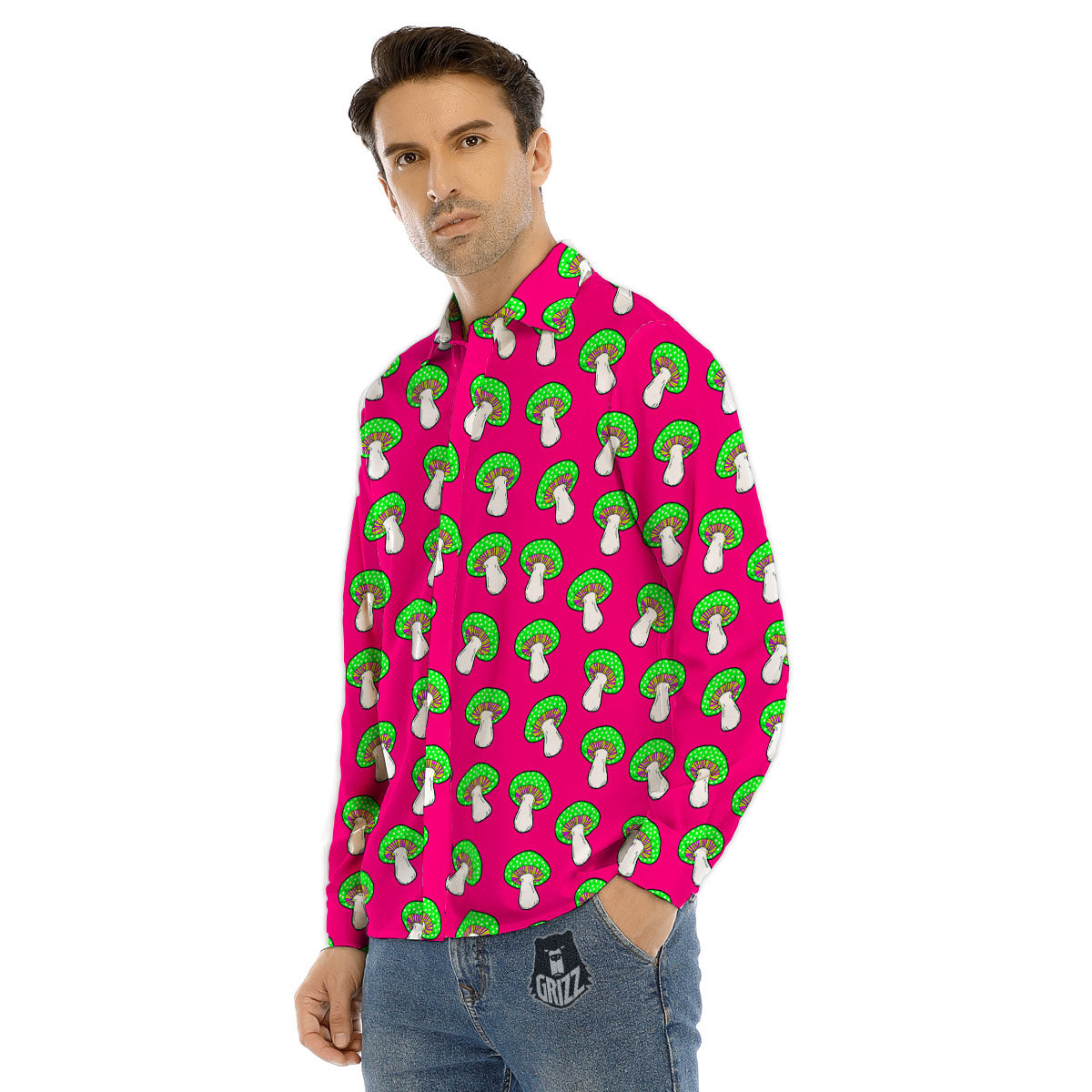 Hot Pink Crazy Mushroom Print Pattern Men's Dress Shirts-grizzshop