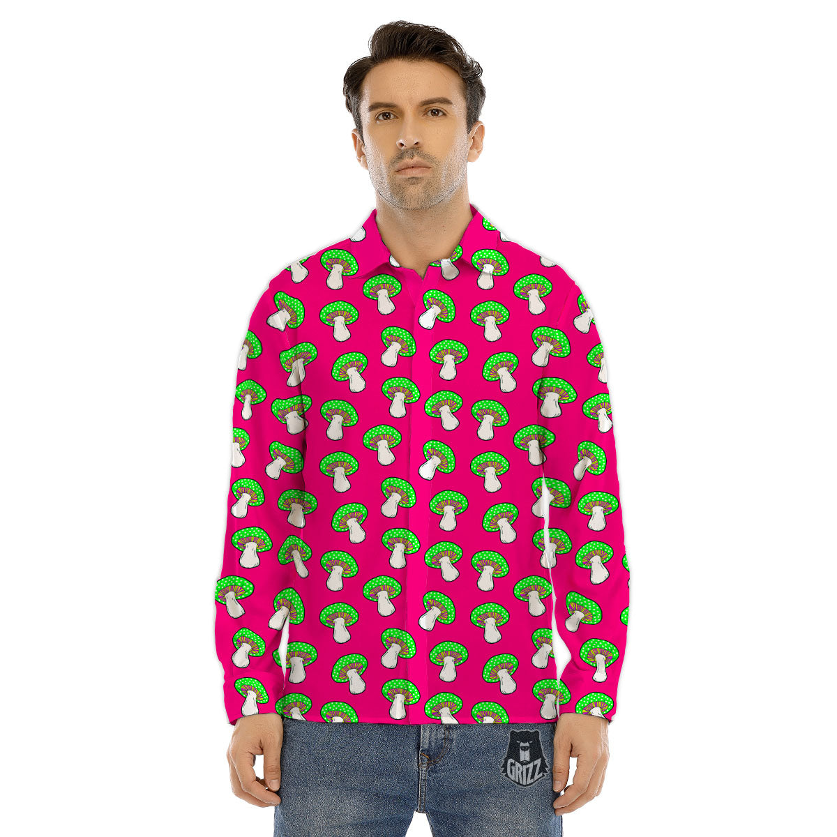 Hot Pink Crazy Mushroom Print Pattern Men's Dress Shirts-grizzshop