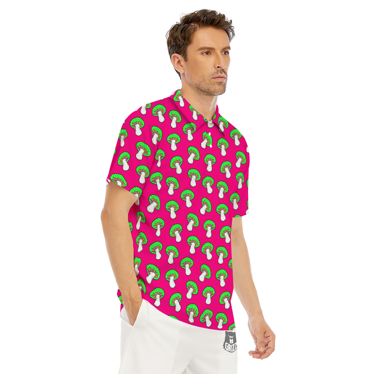 Hot Pink Crazy Mushroom Print Pattern Men's Golf Shirts-grizzshop