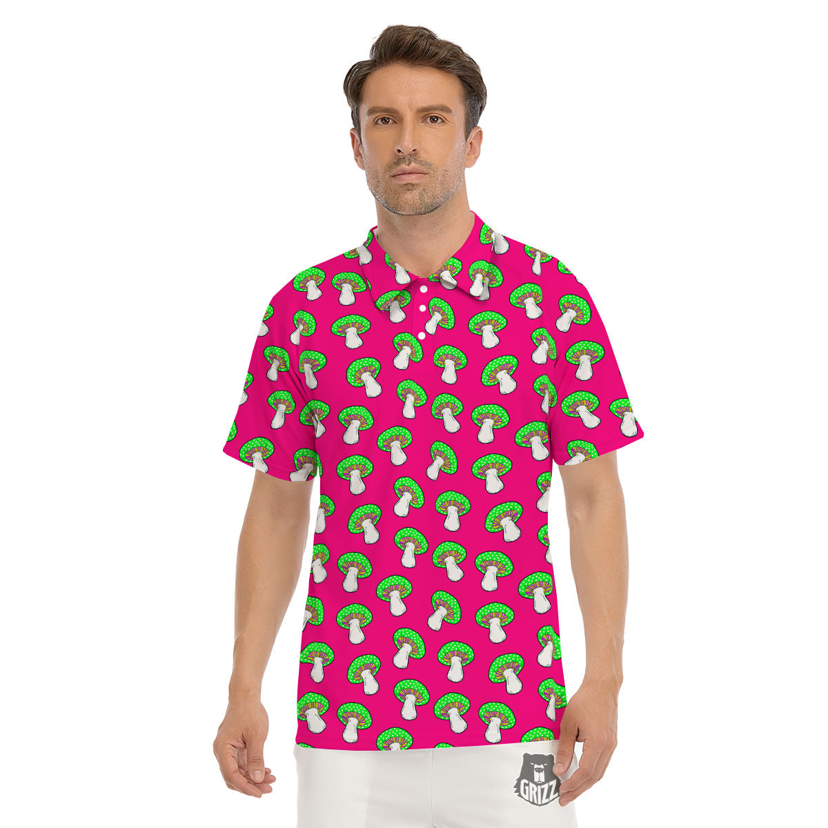 Hot Pink Crazy Mushroom Print Pattern Men's Golf Shirts-grizzshop