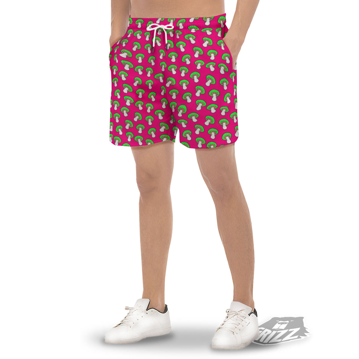 Hot Pink Crazy Mushroom Print Pattern Men's Gym Shorts-grizzshop