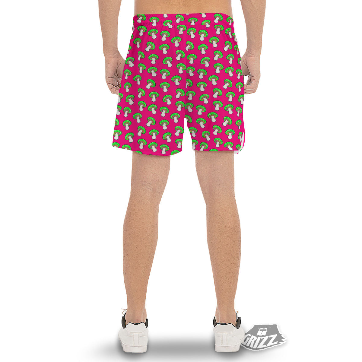 Hot Pink Crazy Mushroom Print Pattern Men's Gym Shorts-grizzshop