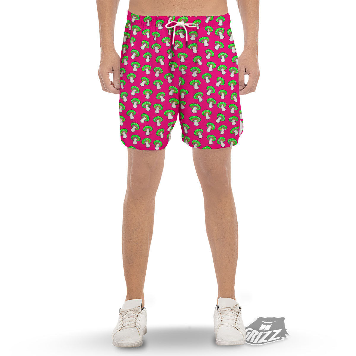 Hot Pink Crazy Mushroom Print Pattern Men's Gym Shorts-grizzshop