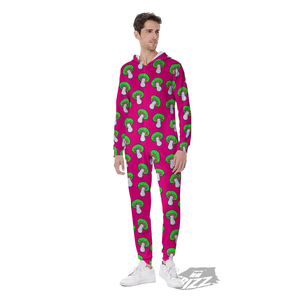 Hot Pink Crazy Mushroom Print Pattern Men's Jumpsuit-grizzshop