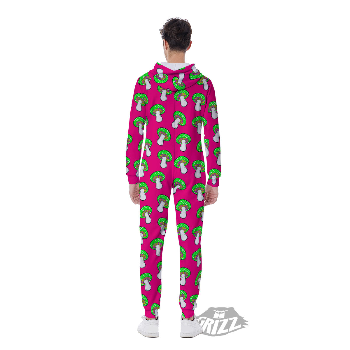 Hot Pink Crazy Mushroom Print Pattern Men's Jumpsuit-grizzshop