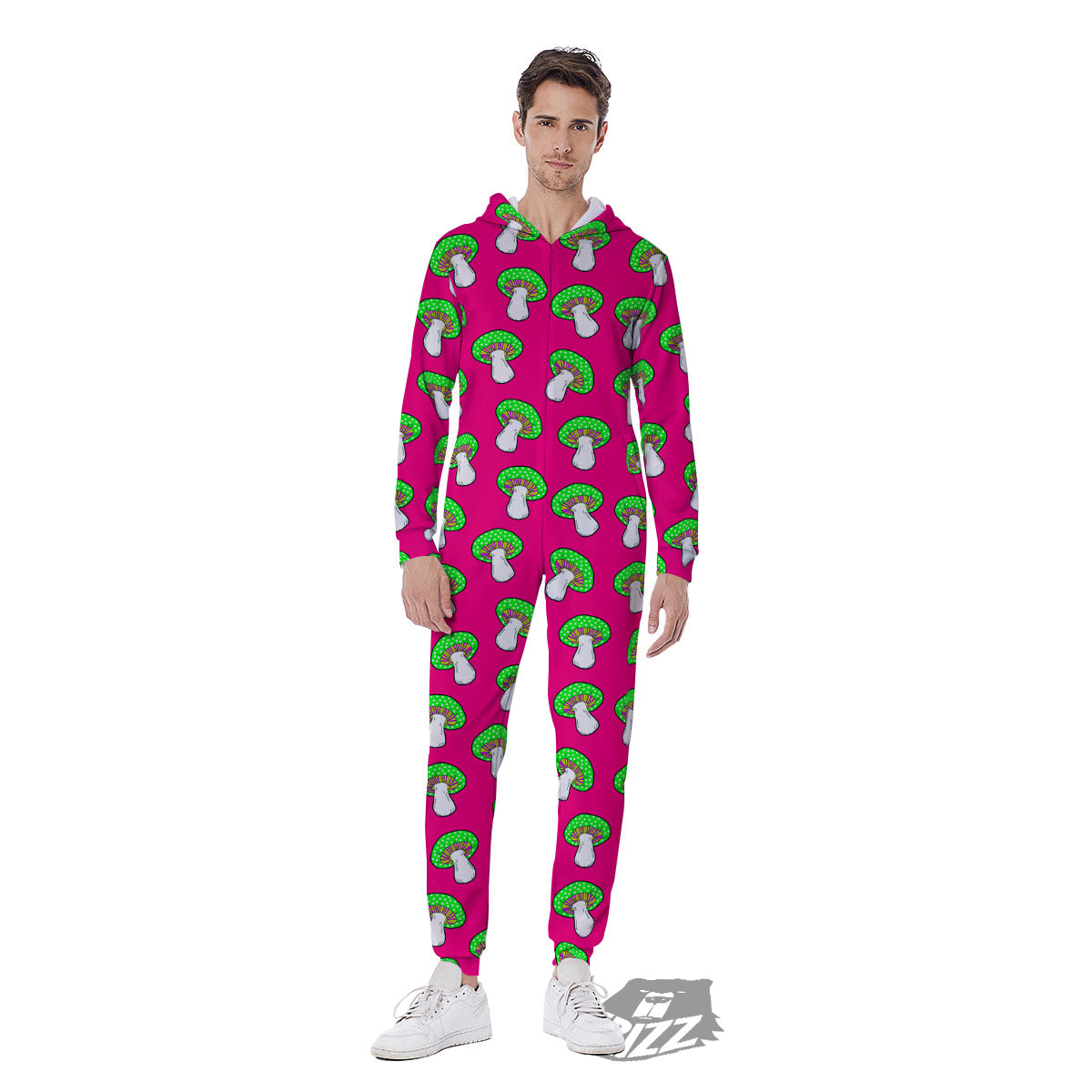 Hot Pink Crazy Mushroom Print Pattern Men's Jumpsuit-grizzshop
