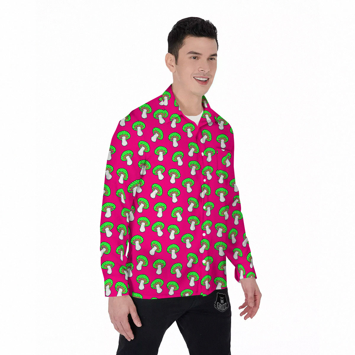 Hot Pink Crazy Mushroom Print Pattern Men's Long Sleeve Shirts-grizzshop