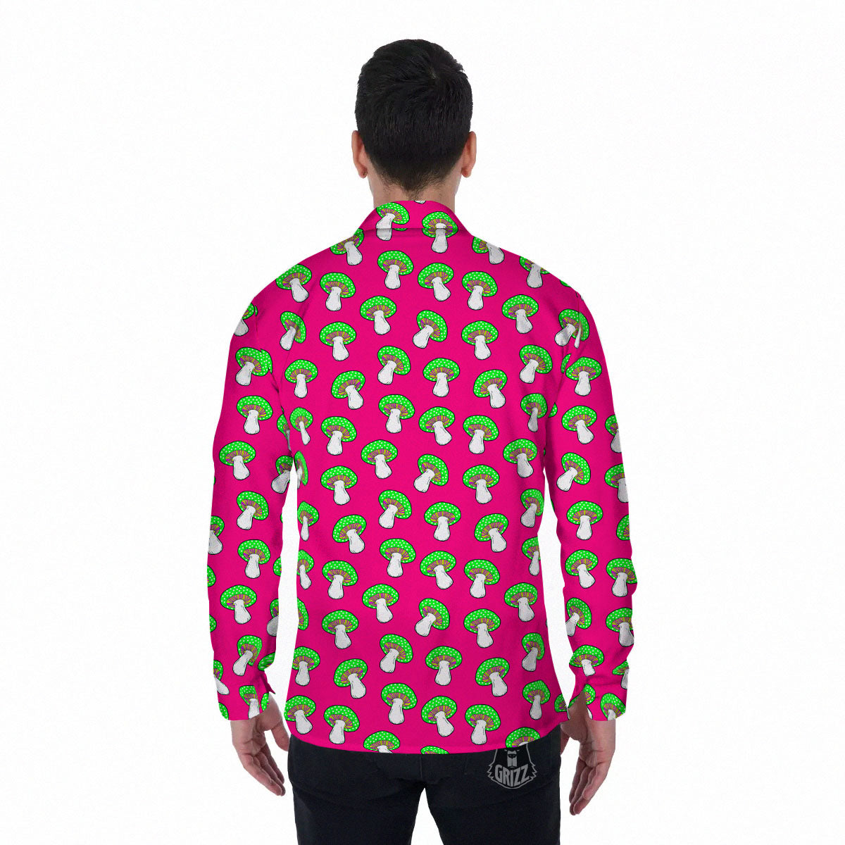 Hot Pink Crazy Mushroom Print Pattern Men's Long Sleeve Shirts-grizzshop