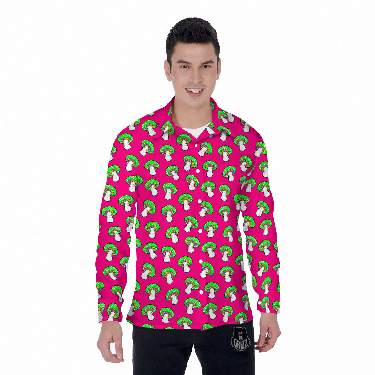 Hot Pink Crazy Mushroom Print Pattern Men's Long Sleeve Shirts-grizzshop
