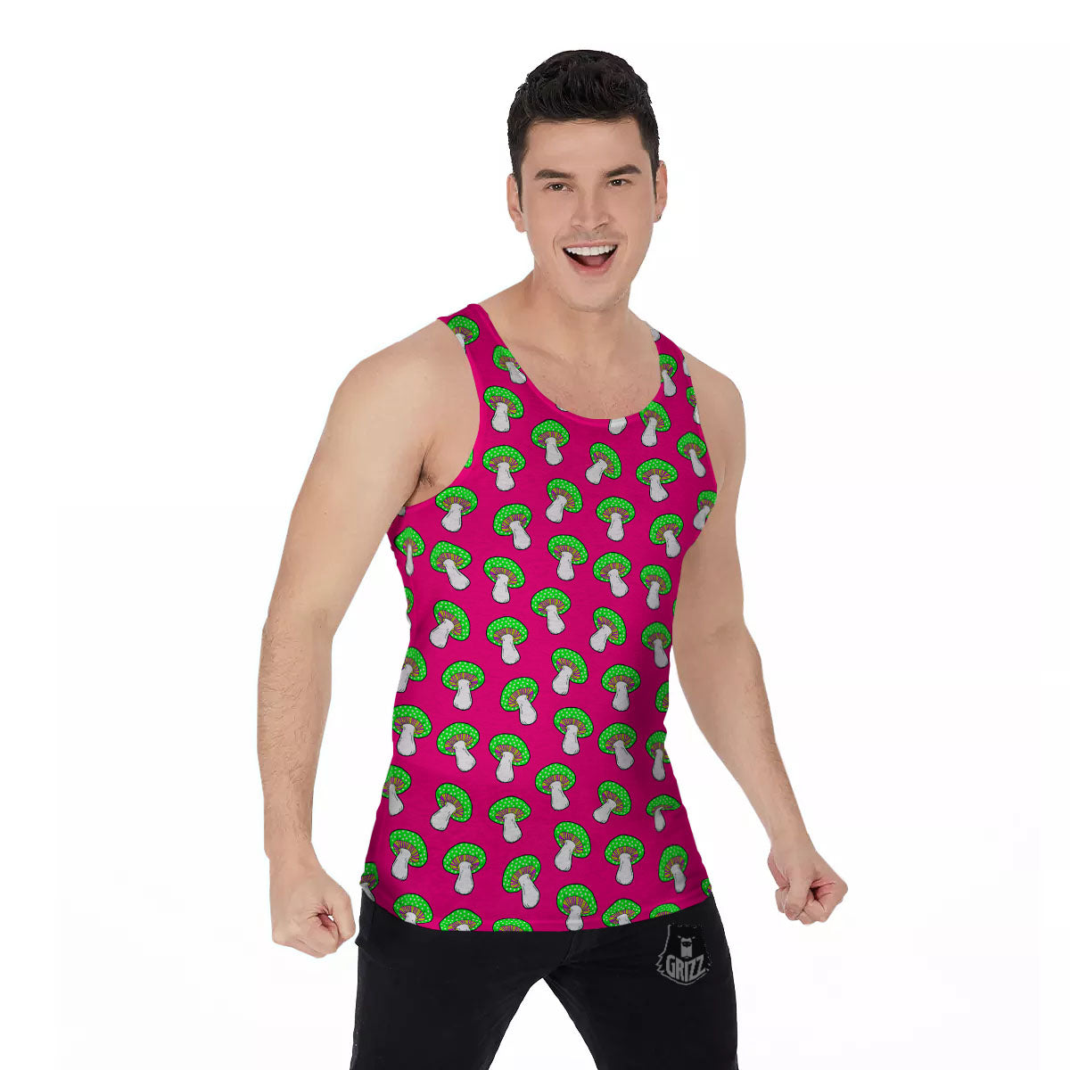 Hot Pink Crazy Mushroom Print Pattern Men's Tank Top-grizzshop