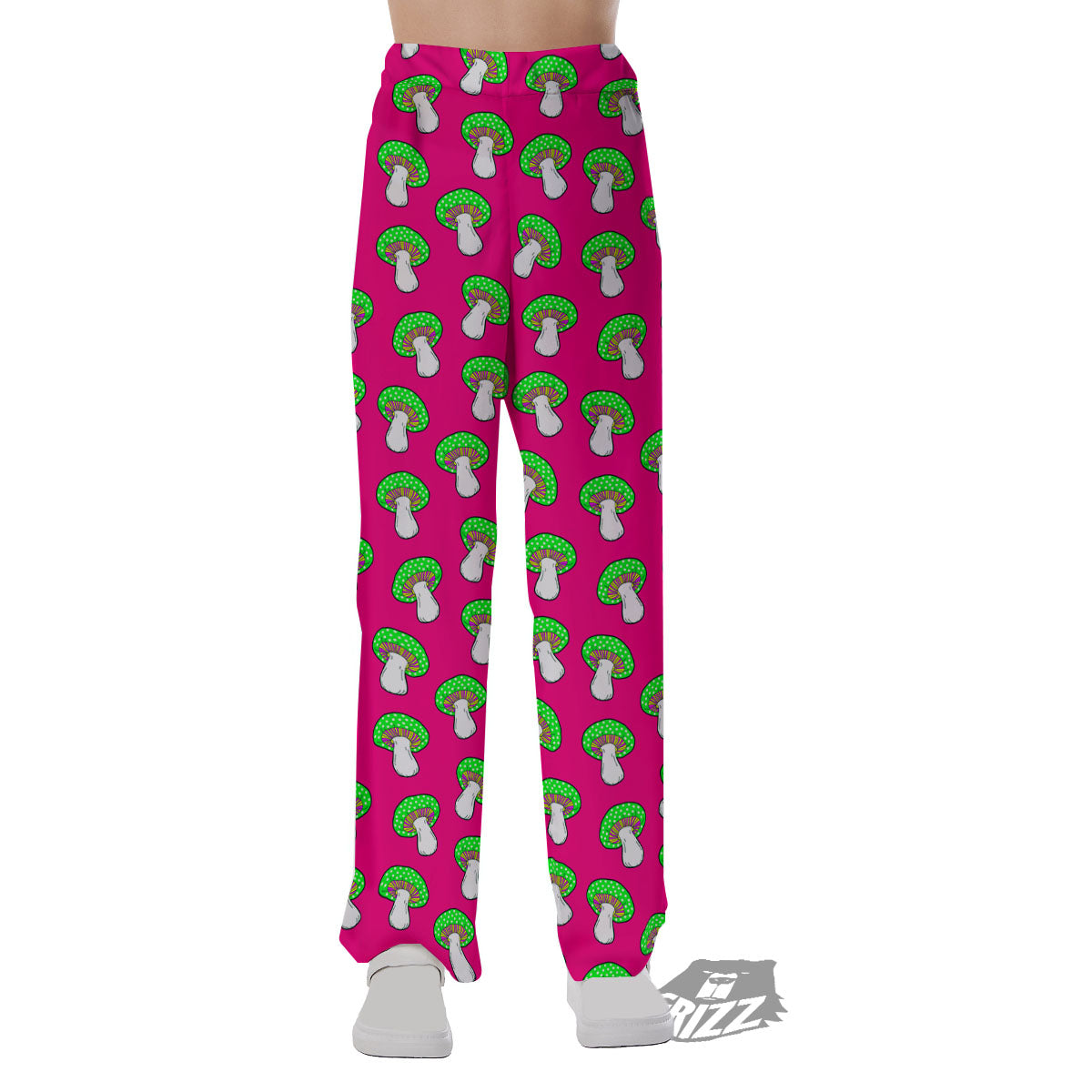 Hot Pink Crazy Mushroom Print Pattern Pajama Pants-grizzshop