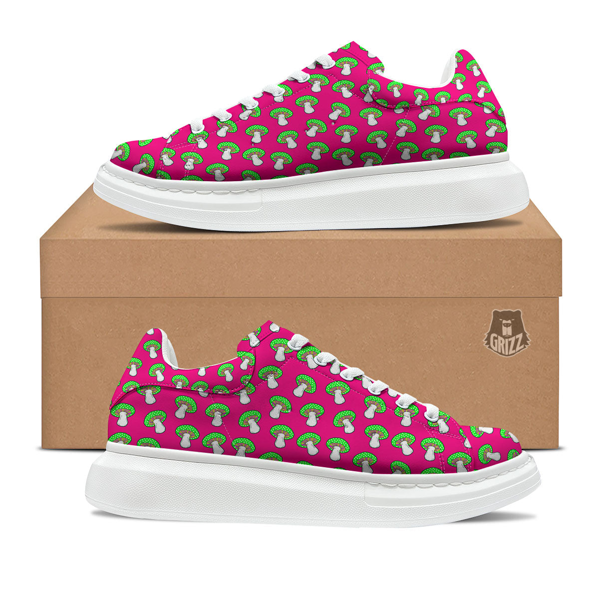 Hot Pink Crazy Mushroom Print Pattern Platform Shoes-grizzshop