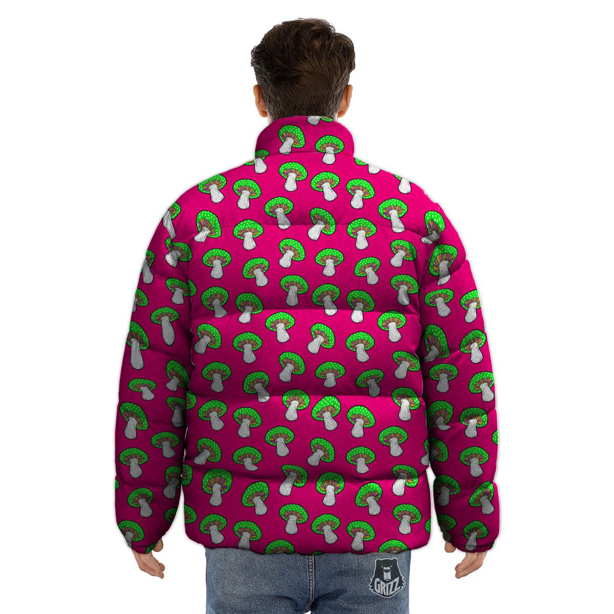 Hot Pink Crazy Mushroom Print Pattern Puffer Jacket-grizzshop