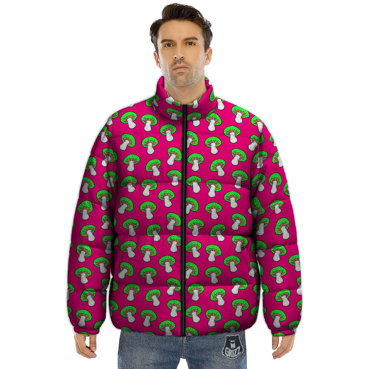 Hot Pink Crazy Mushroom Print Pattern Puffer Jacket-grizzshop