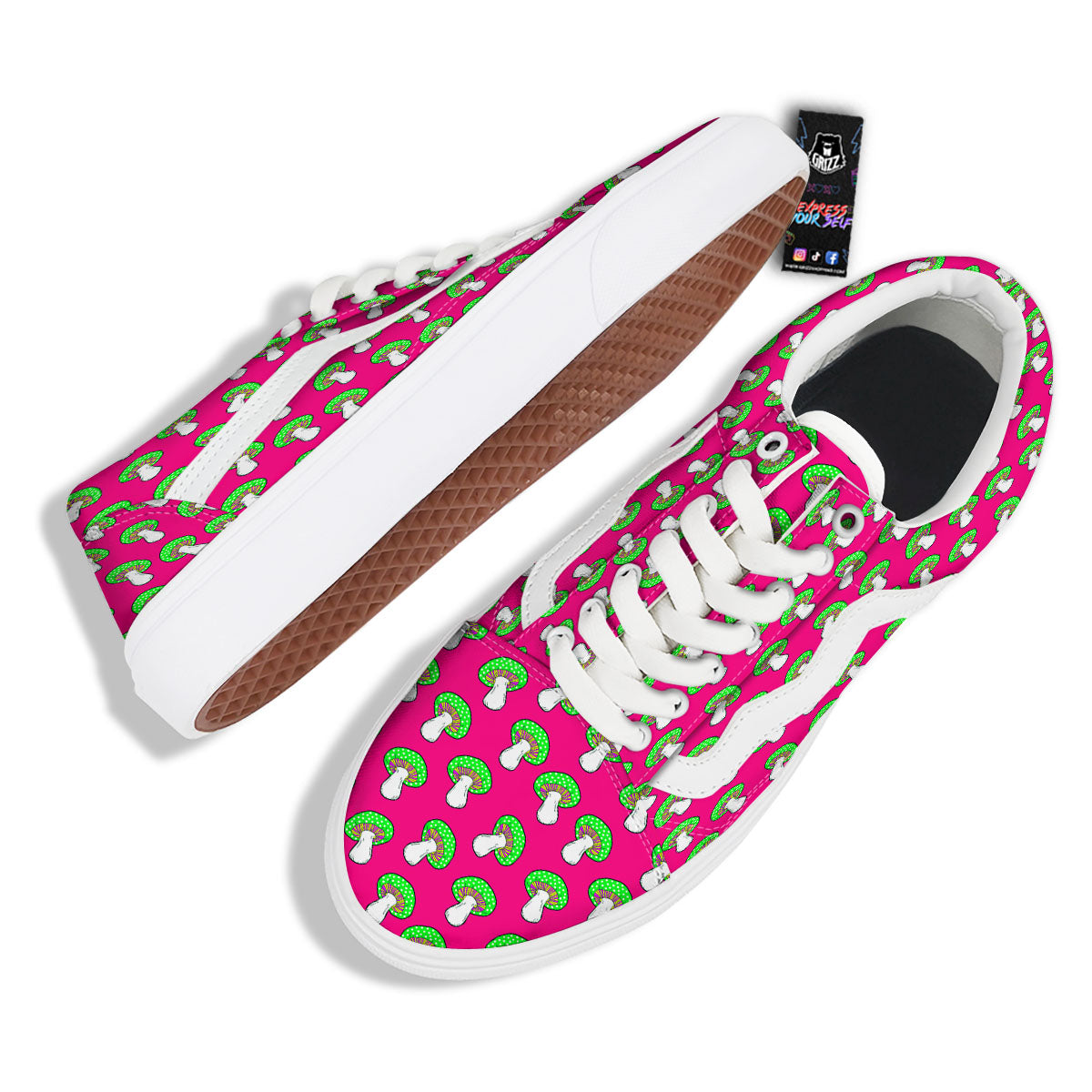 Hot Pink Crazy Mushroom Print Pattern Skate Shoes-grizzshop