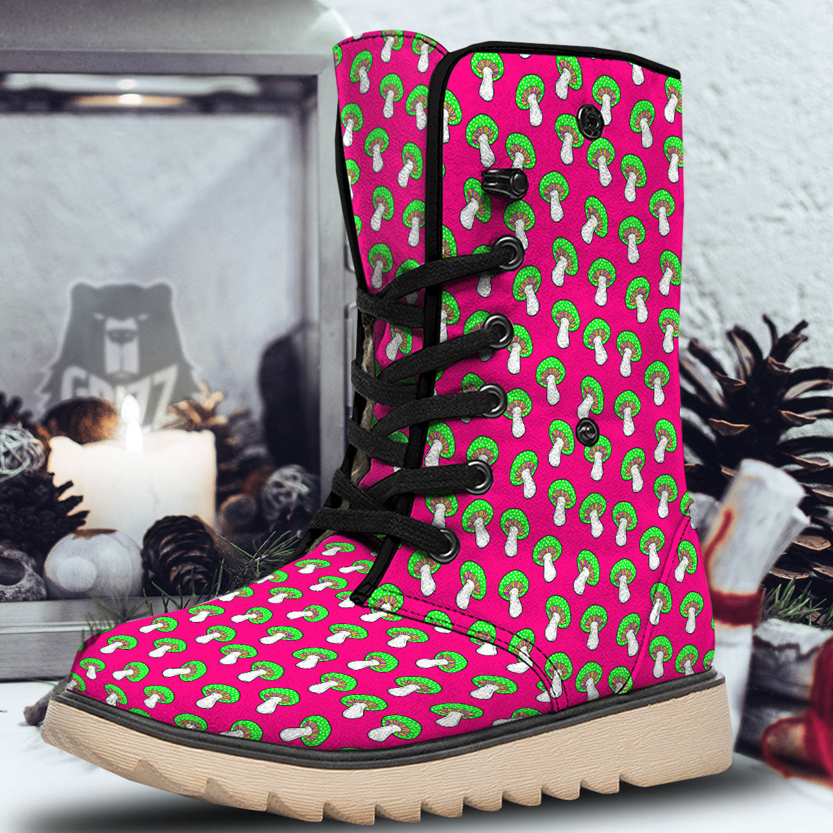 Hot Pink Crazy Mushroom Print Pattern Snow Boots-grizzshop