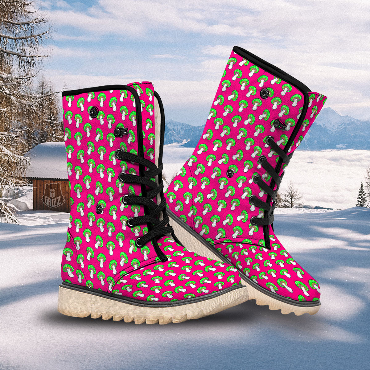 Hot Pink Crazy Mushroom Print Pattern Snow Boots-grizzshop