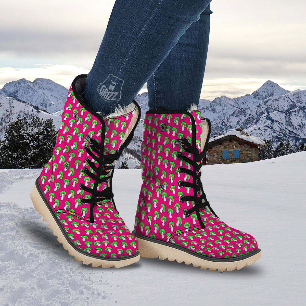 Hot Pink Crazy Mushroom Print Pattern Snow Boots-grizzshop
