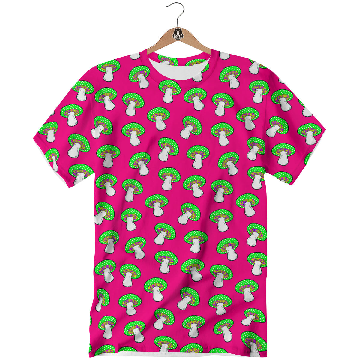 Hot Pink Crazy Mushroom Print Pattern T-Shirt-grizzshop
