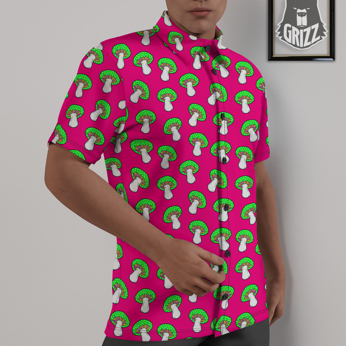Hot Pink Crazy Mushroom Print Pattern Untucked Shirts-grizzshop