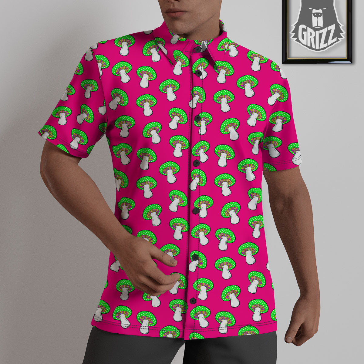 Hot Pink Crazy Mushroom Print Pattern Untucked Shirts-grizzshop