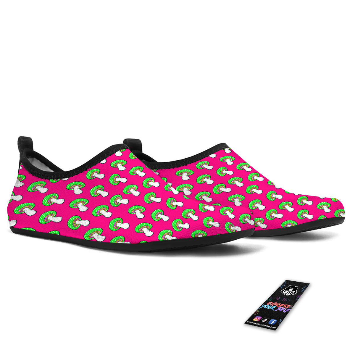 Hot Pink Crazy Mushroom Print Pattern Water Shoes-grizzshop