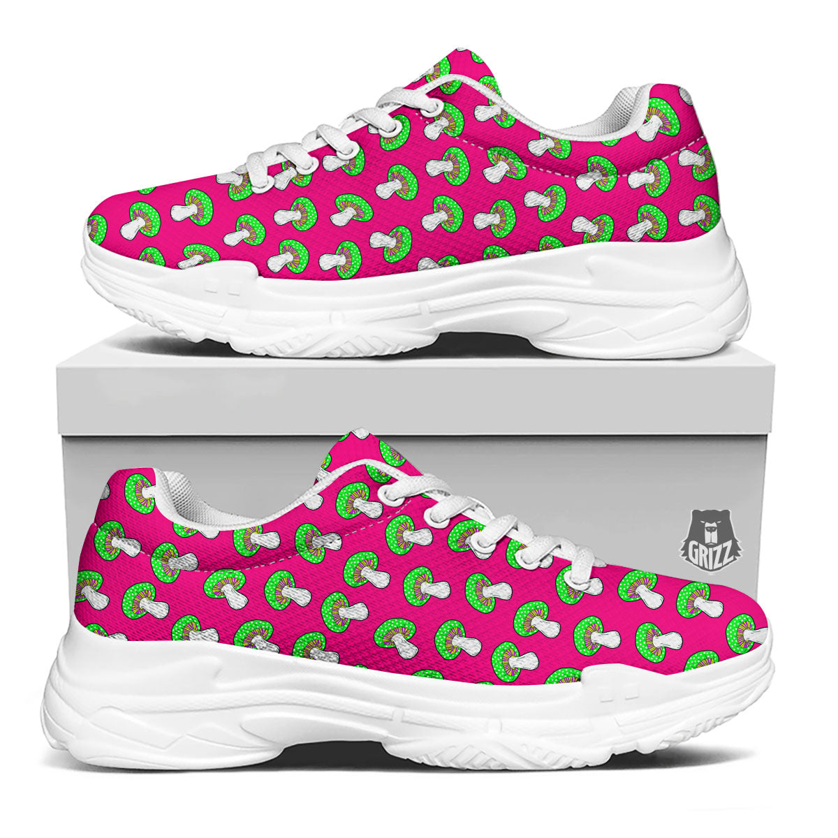 Hot Pink Crazy Mushroom Print Pattern White Chunky Shoes-grizzshop