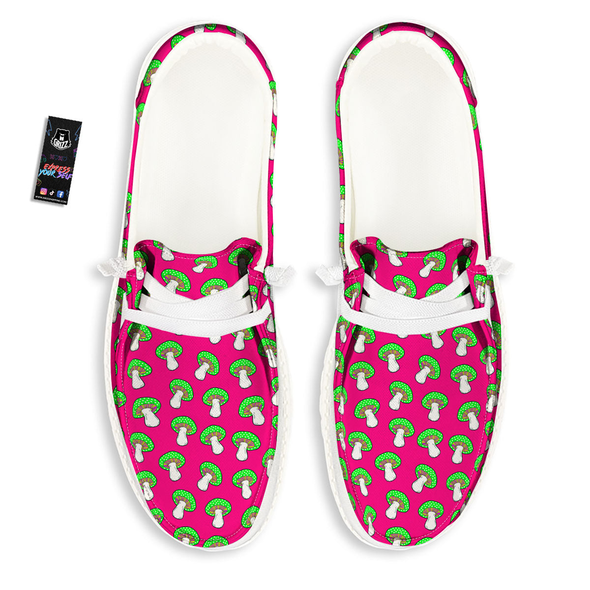 Hot Pink Crazy Mushroom Print Pattern White Loafers-grizzshop