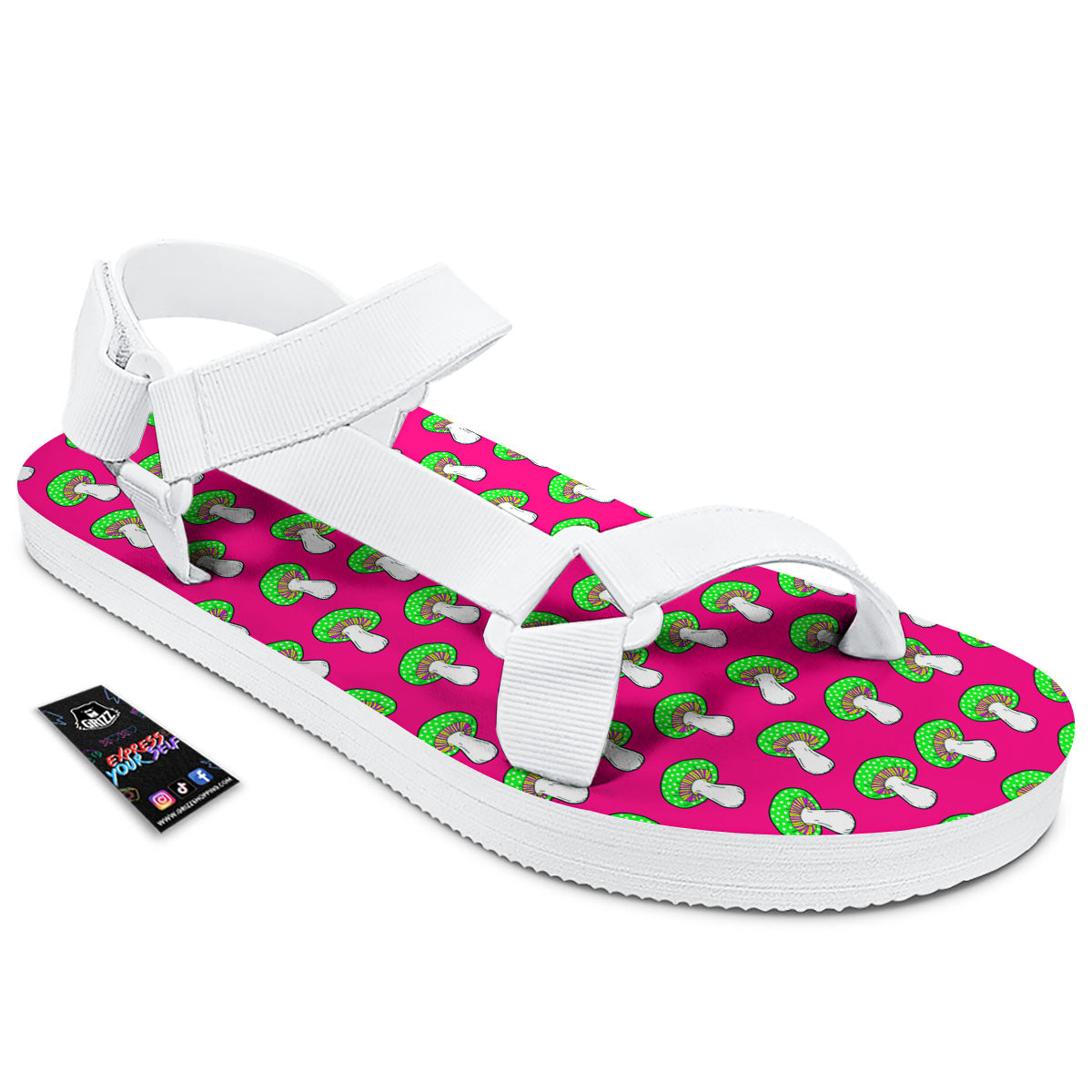 Hot Pink Crazy Mushroom Print Pattern White Open Toe Sandals-grizzshop