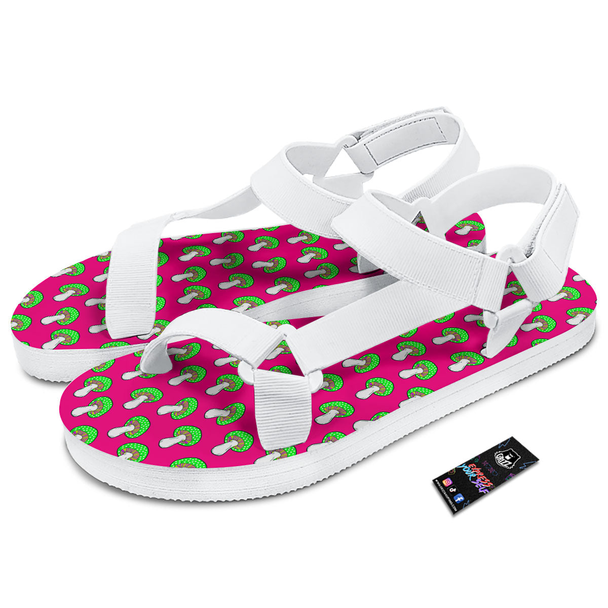 Hot Pink Crazy Mushroom Print Pattern White Open Toe Sandals-grizzshop