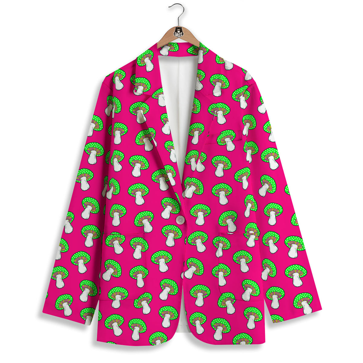 Hot Pink Crazy Mushroom Print Pattern Women's Blazer-grizzshop