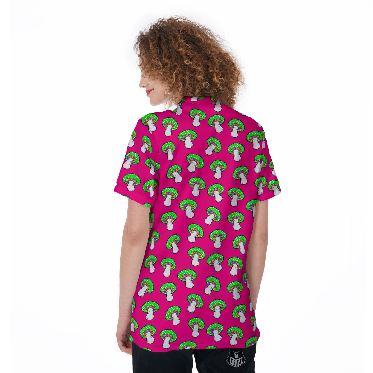 Hot Pink Crazy Mushroom Print Pattern Women's Golf Shirts-grizzshop