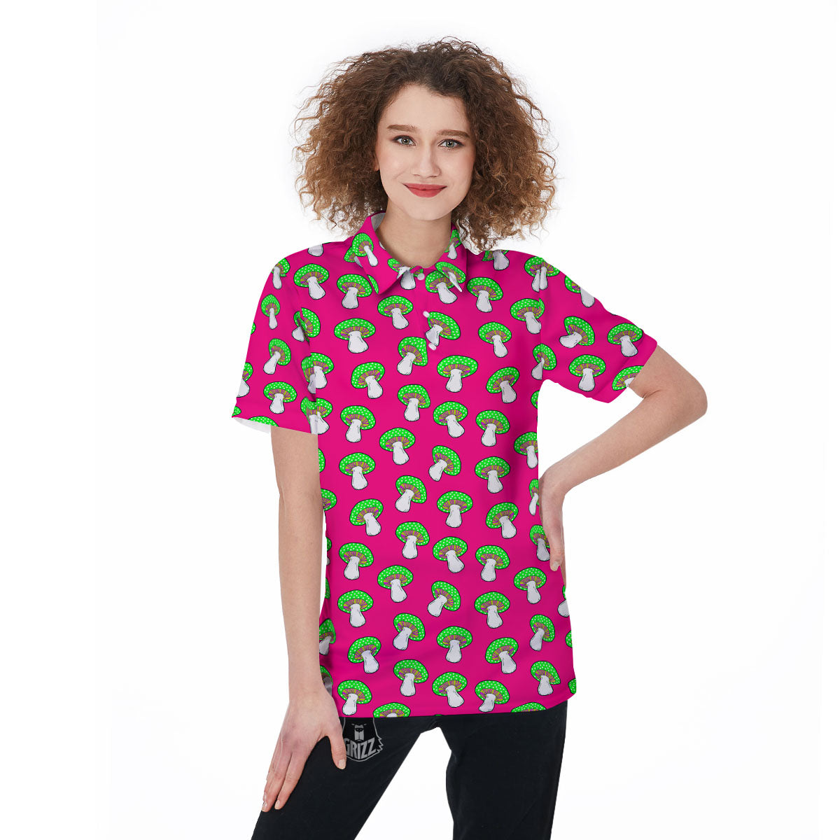 Hot Pink Crazy Mushroom Print Pattern Women's Golf Shirts-grizzshop