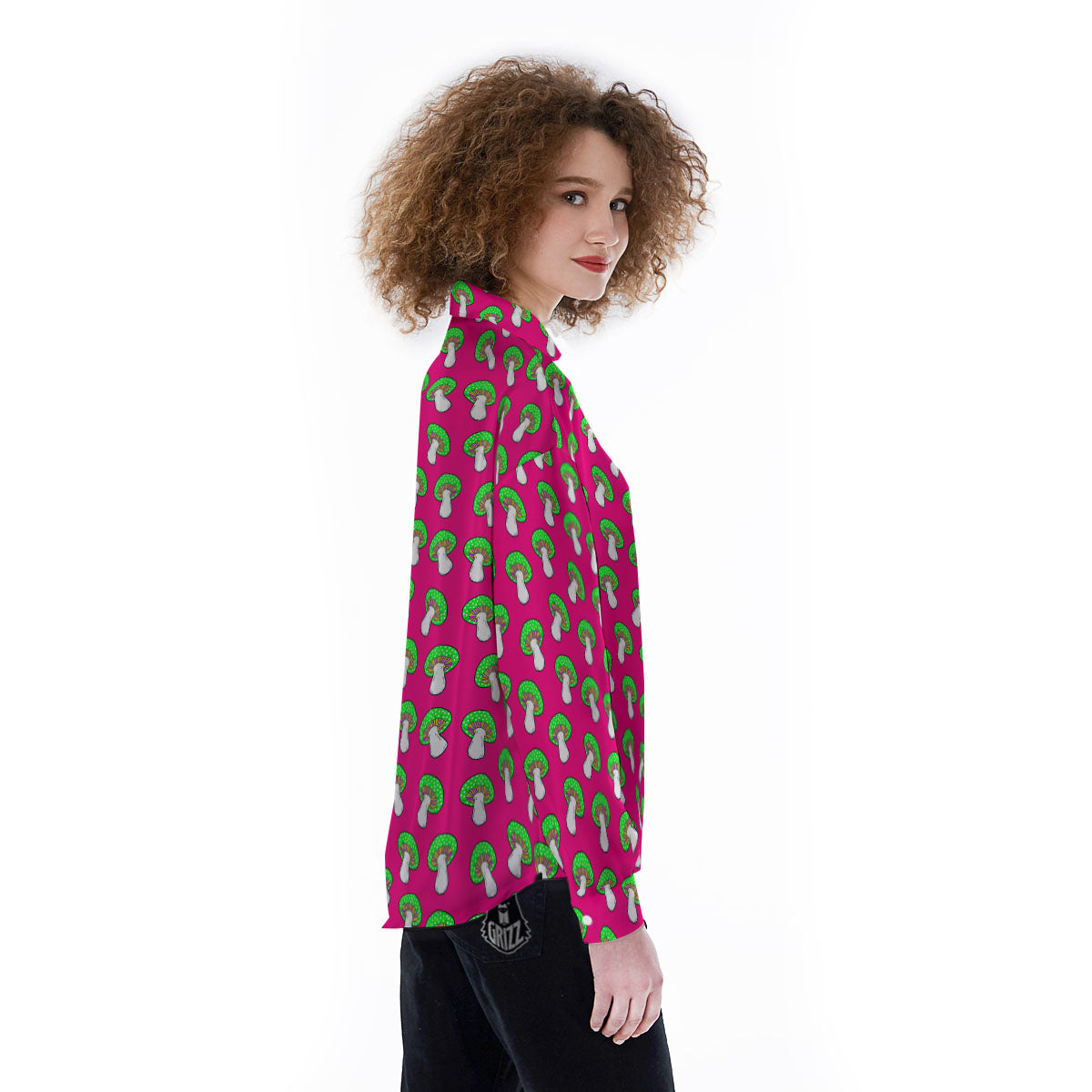 Hot Pink Crazy Mushroom Print Pattern Women's Long Sleeve Shirts-grizzshop