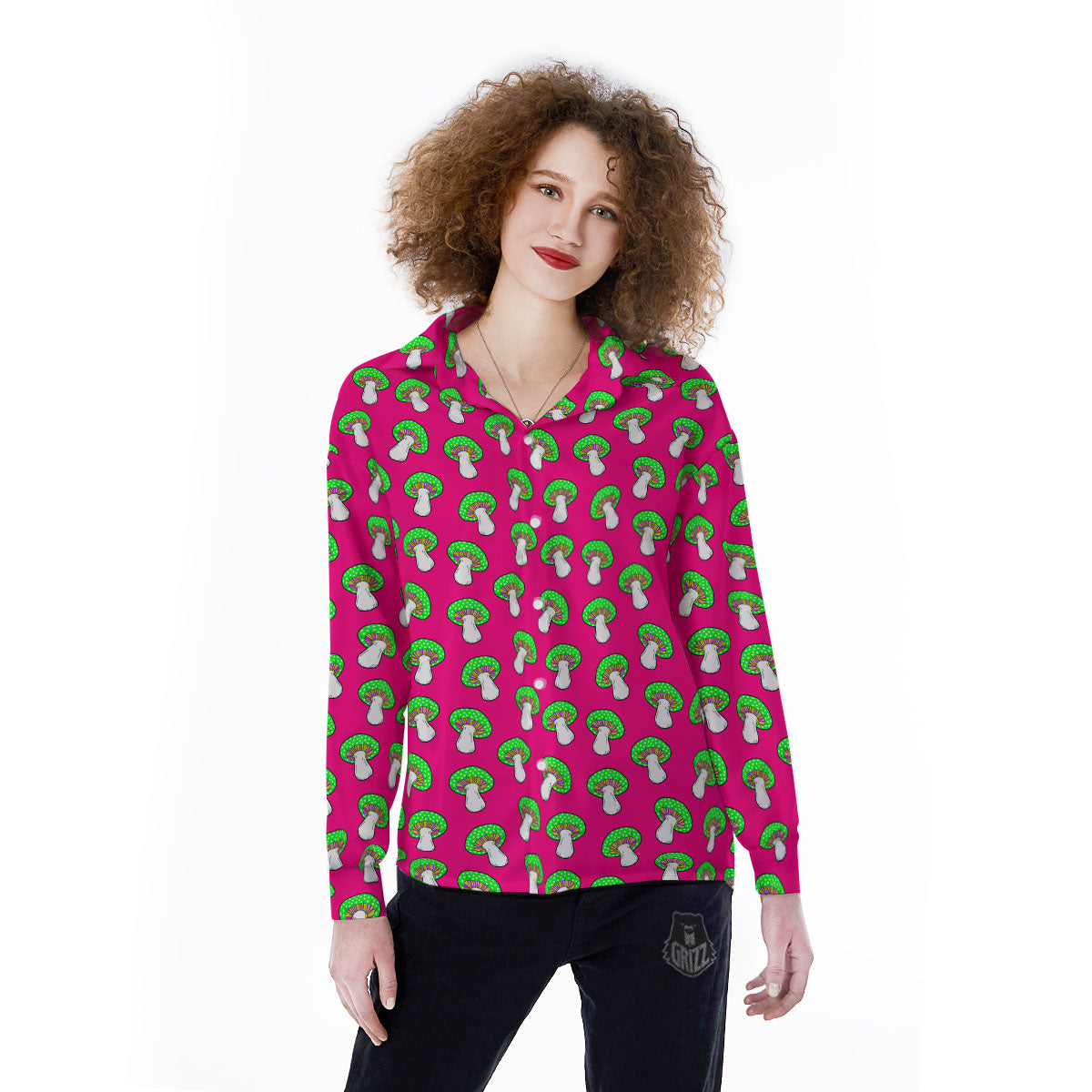 Hot Pink Crazy Mushroom Print Pattern Women's Long Sleeve Shirts-grizzshop