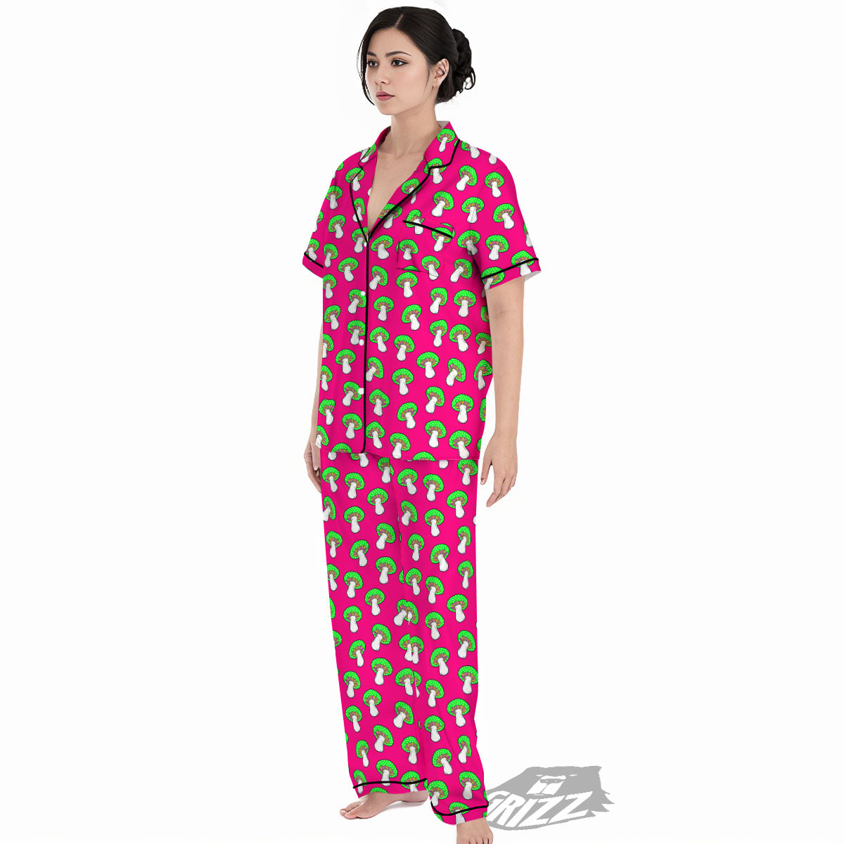 Hot Pink Crazy Mushroom Print Pattern Women's Pajamas Set-grizzshop