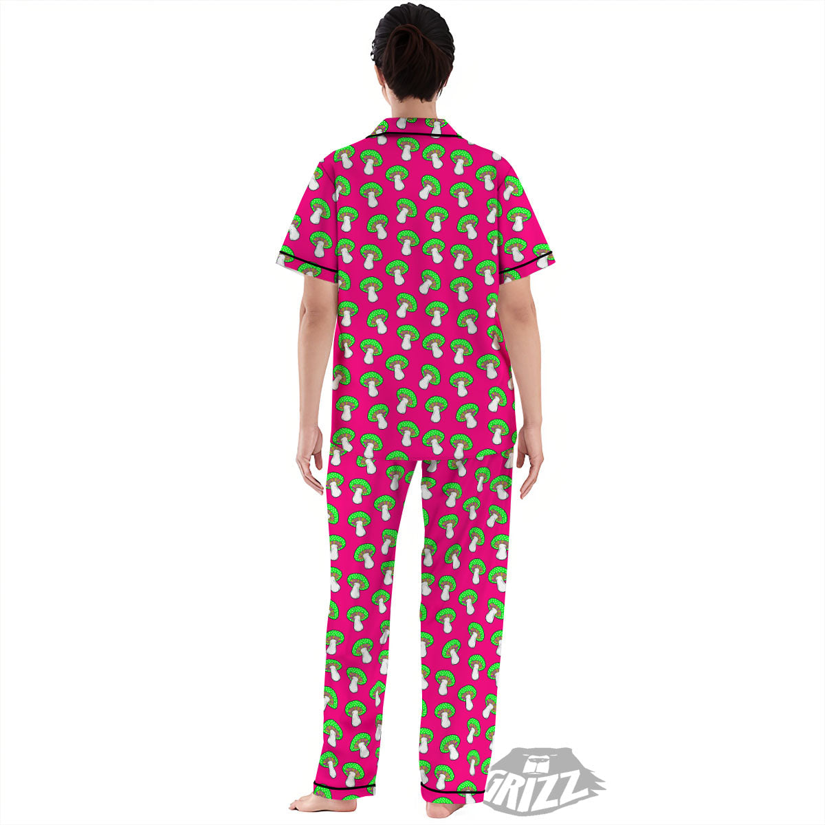 Hot Pink Crazy Mushroom Print Pattern Women's Pajamas Set-grizzshop