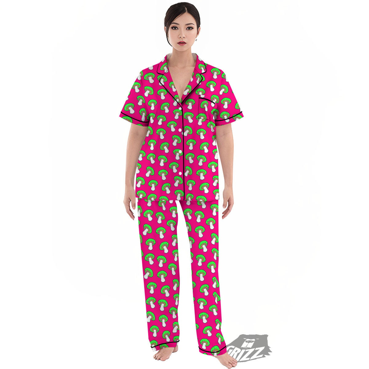 Hot Pink Crazy Mushroom Print Pattern Women's Pajamas Set-grizzshop
