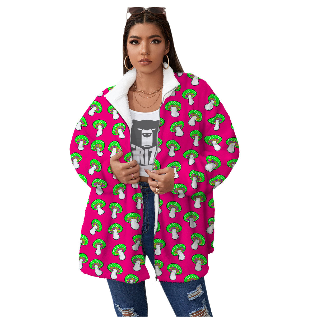 Hot Pink Crazy Mushroom Print Pattern Women's Sherpa Jacket-grizzshop