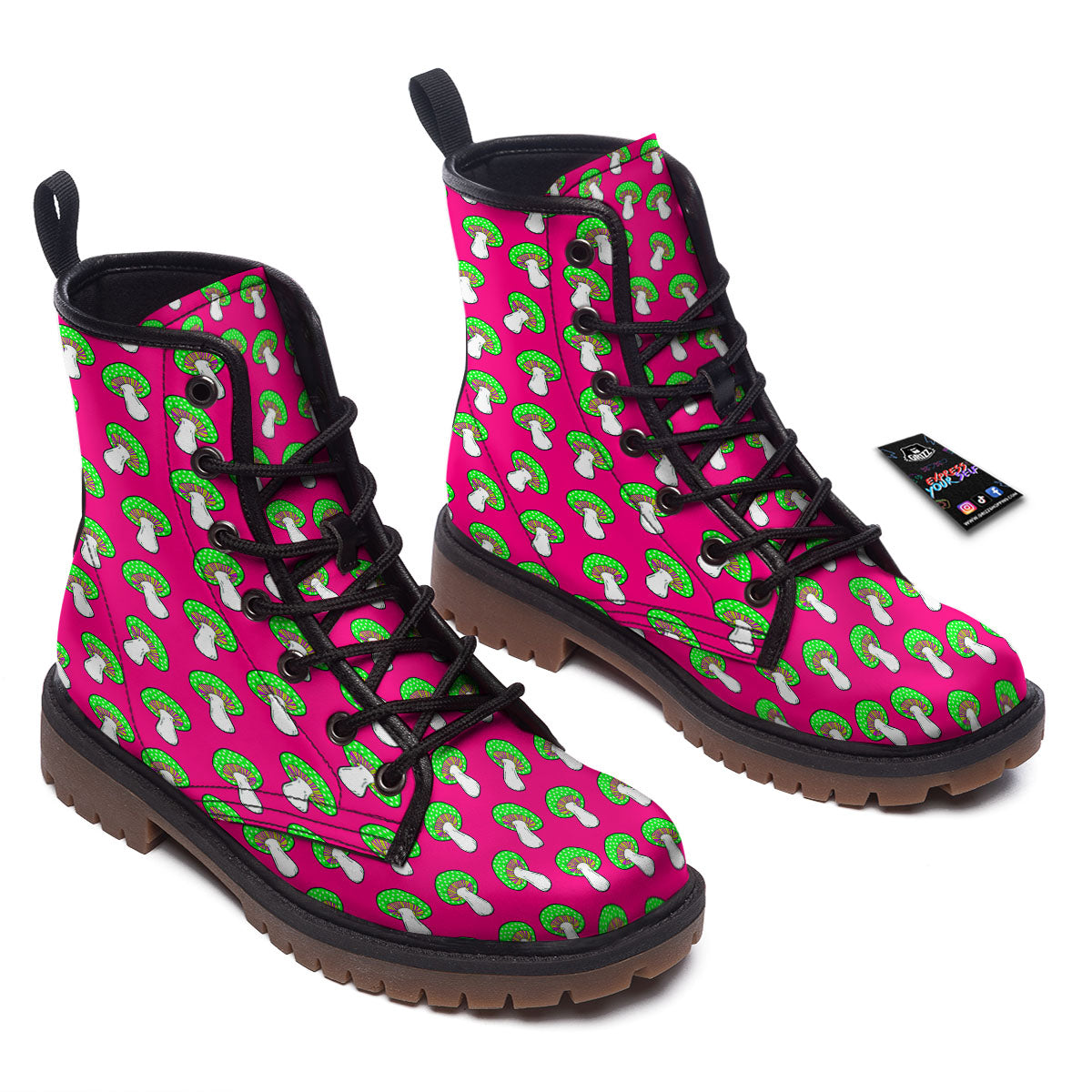 Hot Pink Crazy Mushroom Print Pattern Work Boots-grizzshop