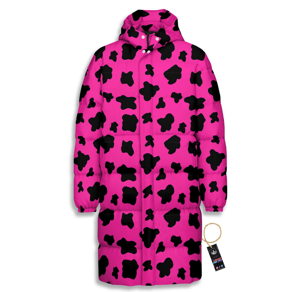 Hot Pink And Black Cow Print Long Down Jacket