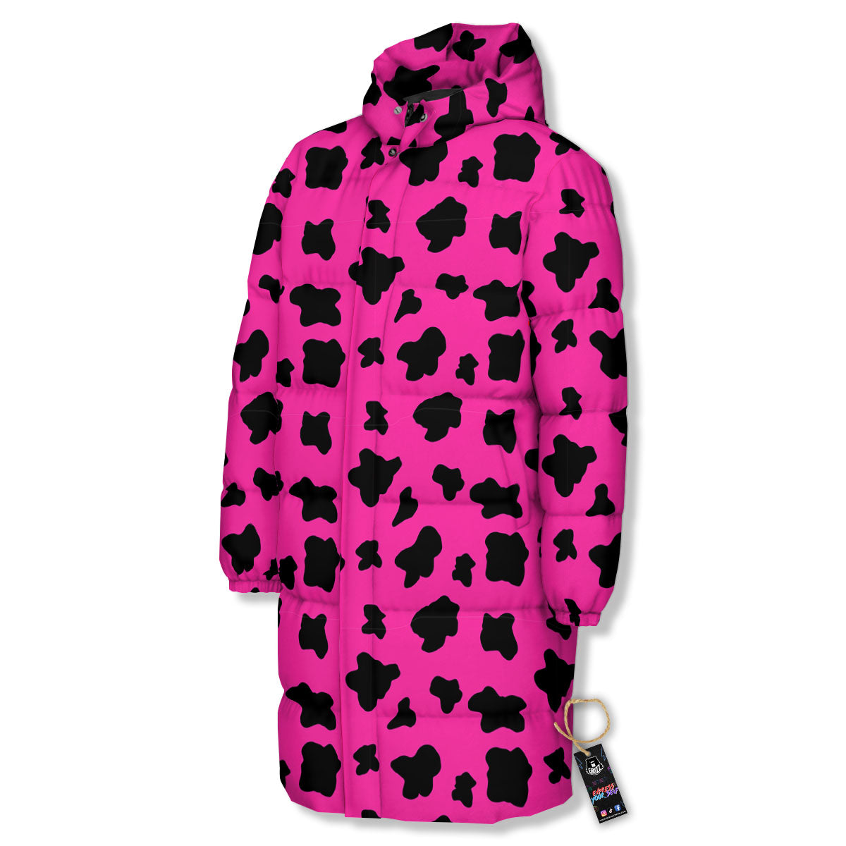 Hot Pink And Black Cow Print Long Down Jacket