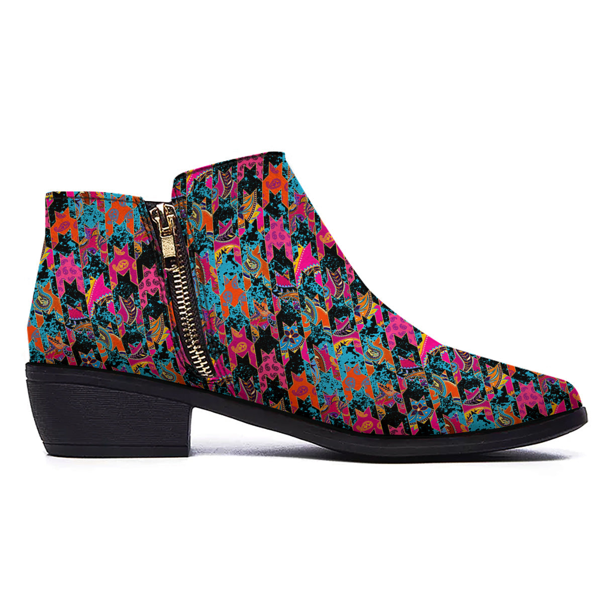 Houndstooth Abstract And Paisley Print Pattern Ankle Boots-grizzshop