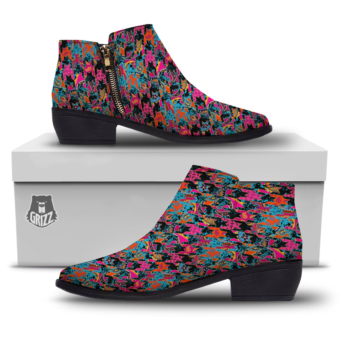Houndstooth Abstract And Paisley Print Pattern Ankle Boots-grizzshop