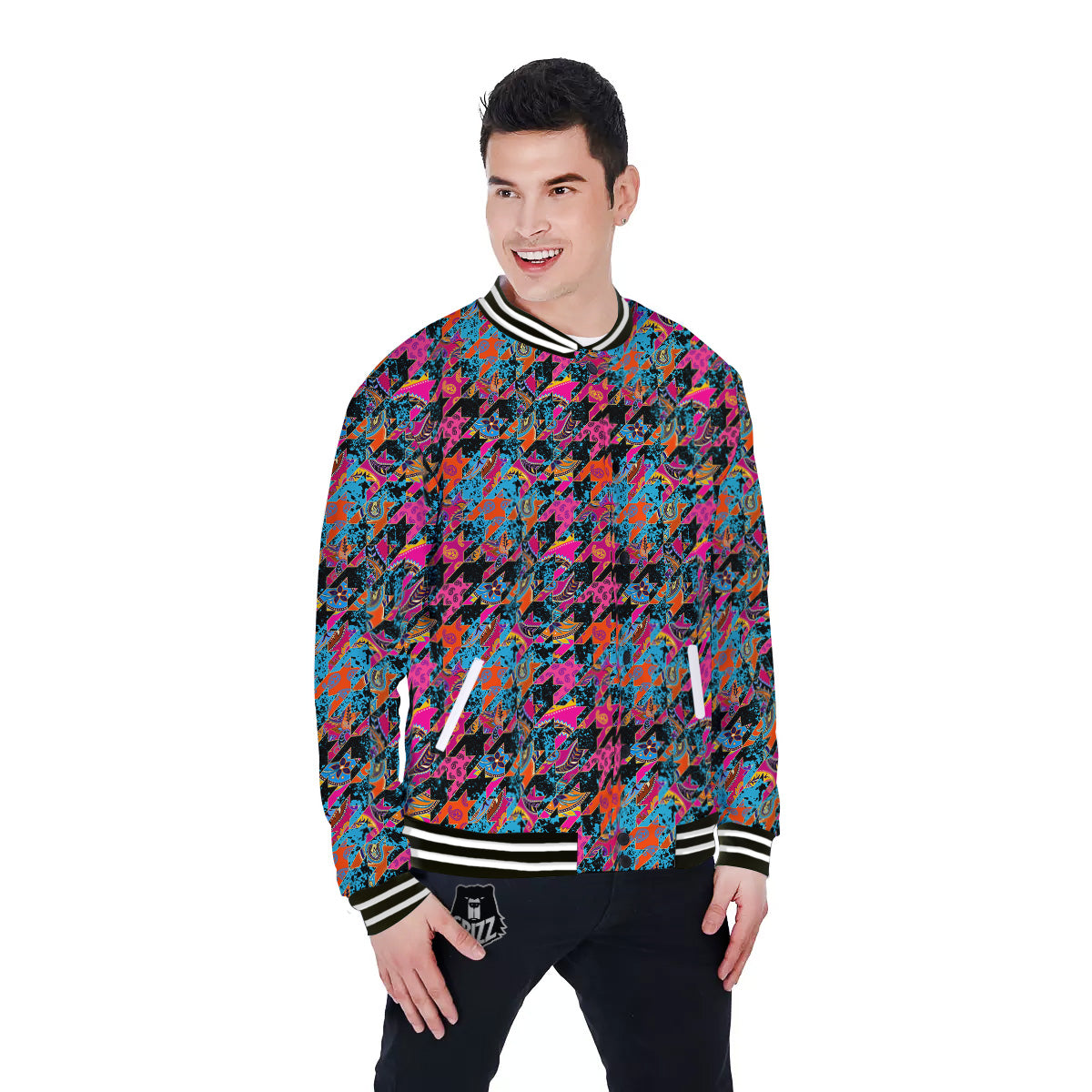 Houndstooth Abstract And Paisley Print Pattern Baseball Jacket-grizzshop
