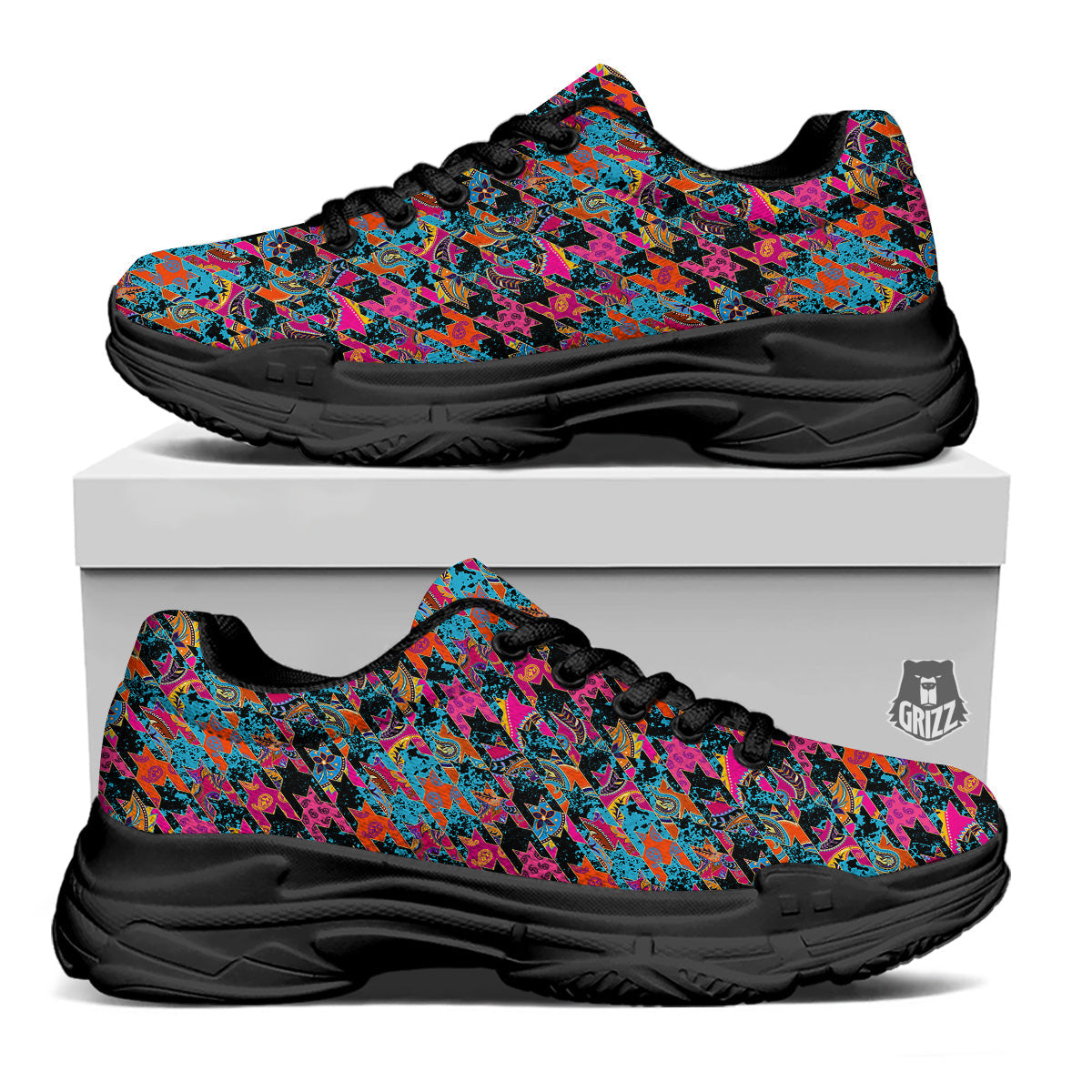 Houndstooth Abstract And Paisley Print Pattern Black Chunky Shoes-grizzshop